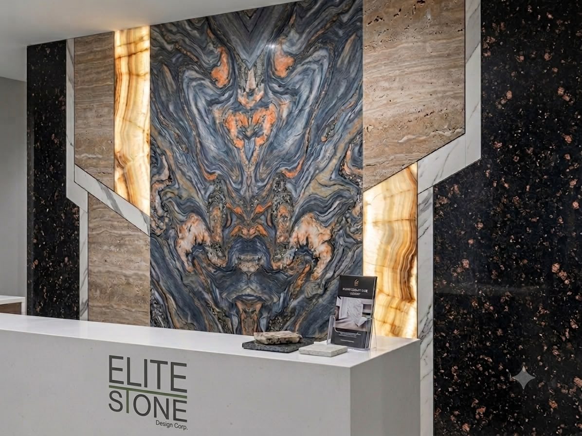 Exotic Natural stone slabs, including marble, onyx, and granite, at Elite Stone Design Corp in Ontario